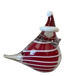 Hand Blown Art Glass CHRISTMAS CARDINAL 10x7 Red & White Candy Cane Swirl New